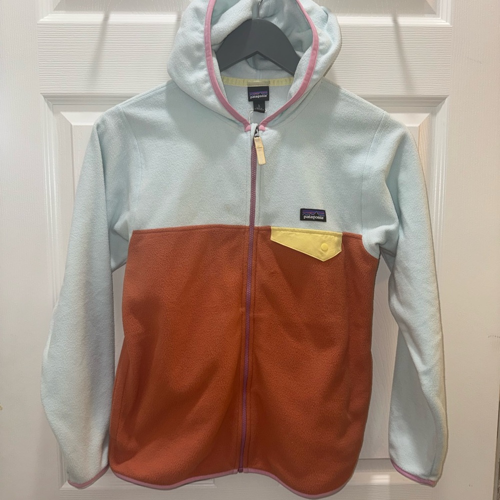 Patagonia Kids Colorblock Fleece Hoodie - Light Blue & Rust EUC, Size Large/12